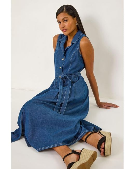 Roman Blue Button Through Midi Dress