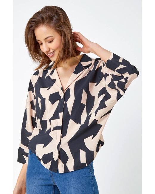 Roman Blue Abstract Print Collared Blouse