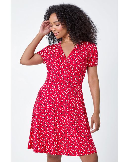 Roman Petite Red Ditsy Stretch Wrap Dress