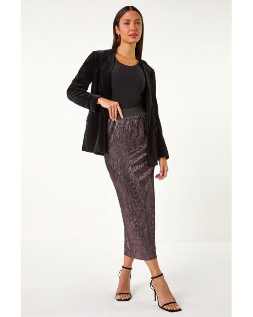 Roman Black Foil Plisse Pleated Pencil Skirt