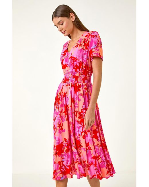 Roman Shadow Floral Print Shirred Midi Dress