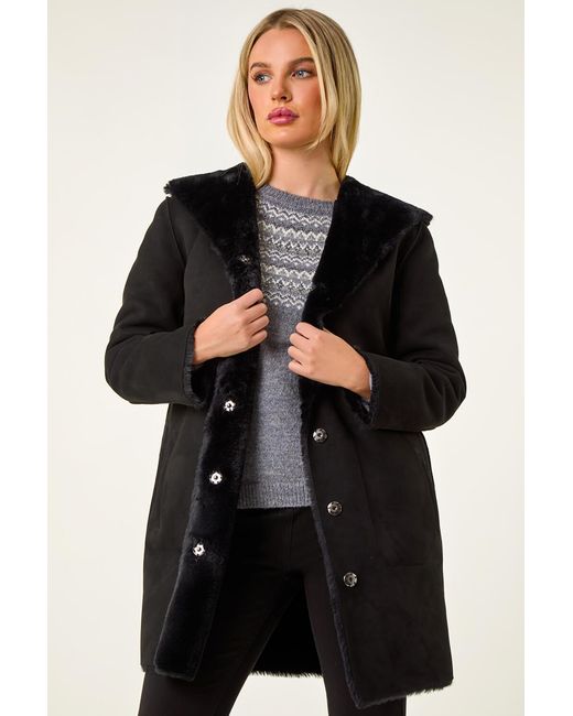 Roman Petite Black Faux Sheepskin Reversible Hooded Coat