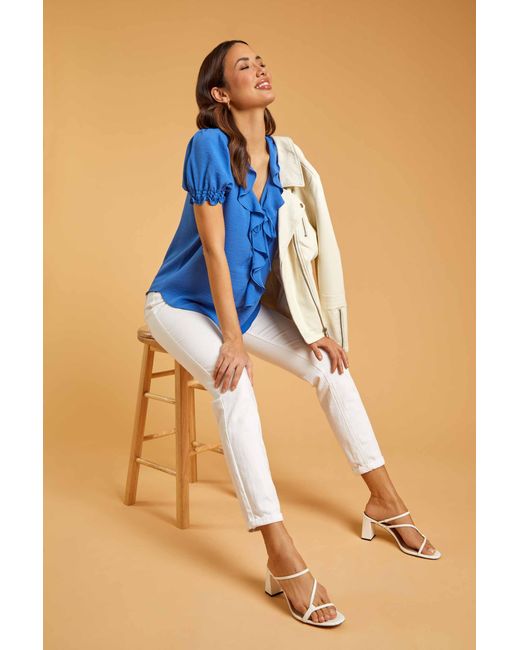 Roman Blue Ruffle Front Tie Detail Blouse