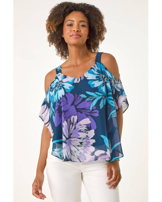 Roman Blue Floral Cold Shoulder Overlay Top