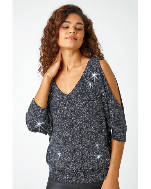 Roman Metallic Sparkle V-Neck Blouson Top