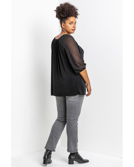 Roman Curve Black Glitter Pleat Detail Tunic Top