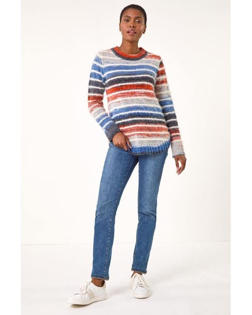 Roman Blue Fluffy Striped Curve Hem Jumper