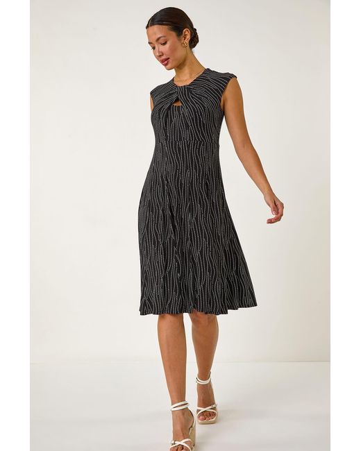 Roman Black Spot Print Twist Stretch Midi Dress