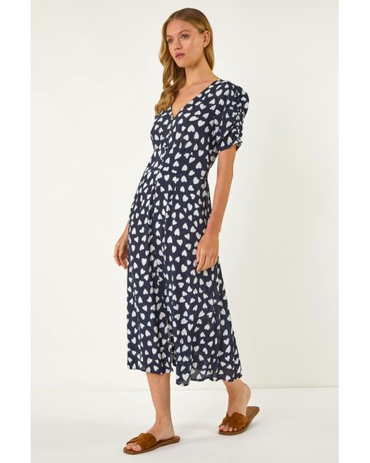 Roman Blue Heart Print Ruched Midi Dress
