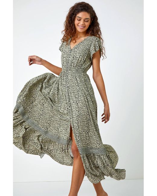 Roman Green Scribble Print Button Through Maxi Dress