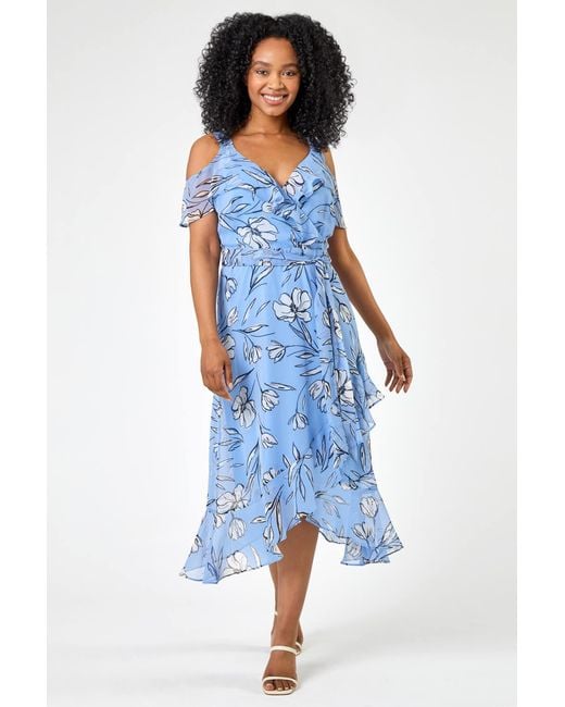 Roman Petite Blue Floral Cold Shoulder Chiffon Midi Dress