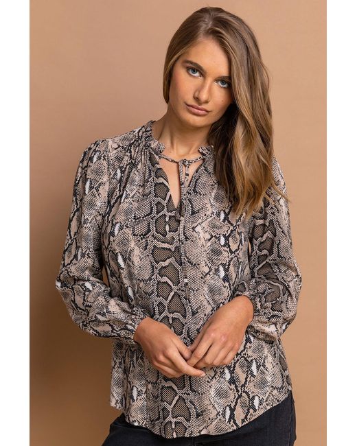 Roman Multicolor Snake Print Tie Neck Blouse
