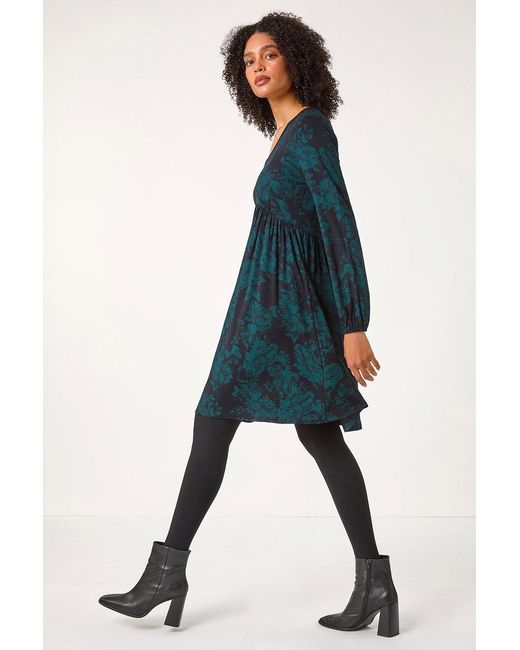 Roman Blue Floral Contrast Trim Stretch Dress