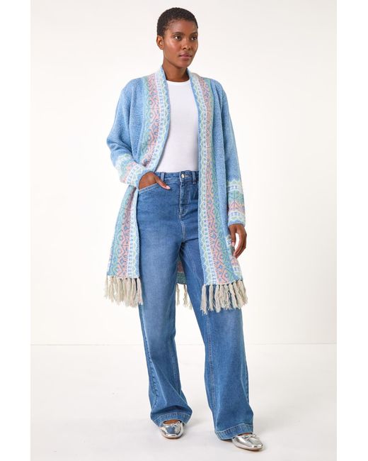Roman Blue Patterened Fringe Cardigan
