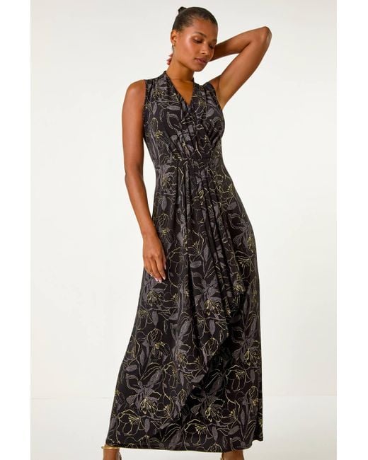 Roman Black Glitter Floral Print Maxi Stretch Dress