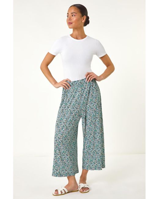 Roman Petite Blue Ditsy Crinkle Cropped Trouser