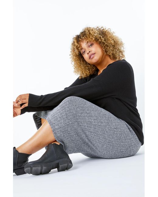 Roman Curve Black Ribbed Pull On Elastic Waist Midi Skirt