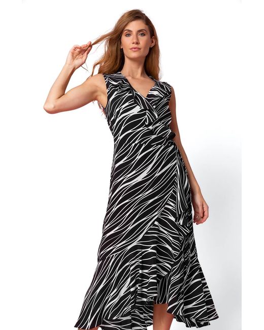 Roman Black Zebra Print Frill Wrap Dress