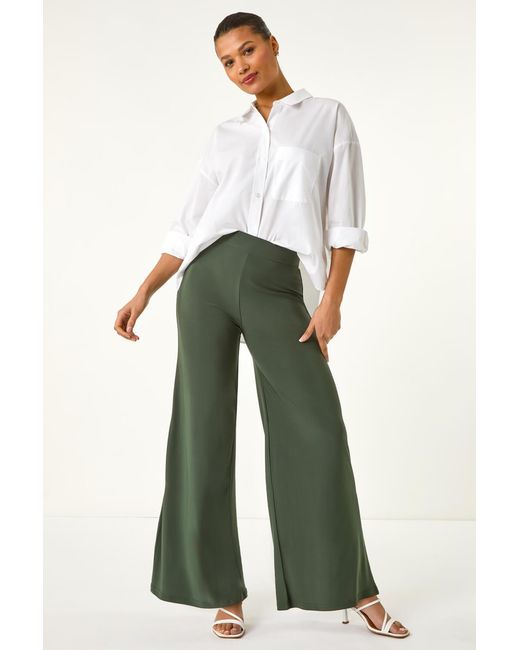 Roman Green Elastic Waist Wide Leg Stretch Trousers