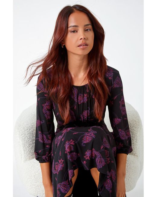 Roman Originals Petite Paisley Print Stretch Midi Dress in Black