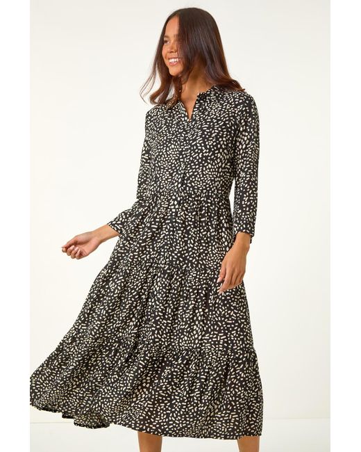 Roman Petite Black Geometric Button Tiered Midi Dress
