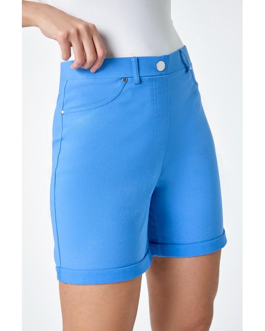 Roman Blue Stretch Elastic Waist Turn Up Shorts