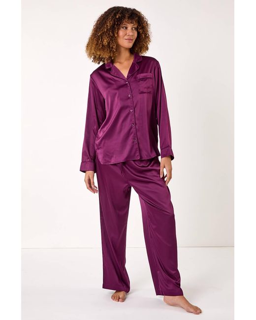 Roman Purple Satin Revere & Collar Pyjama Set