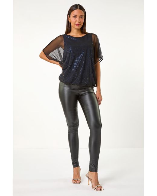 Roman Black Sequin Mesh Overlay Bubble Hem Top