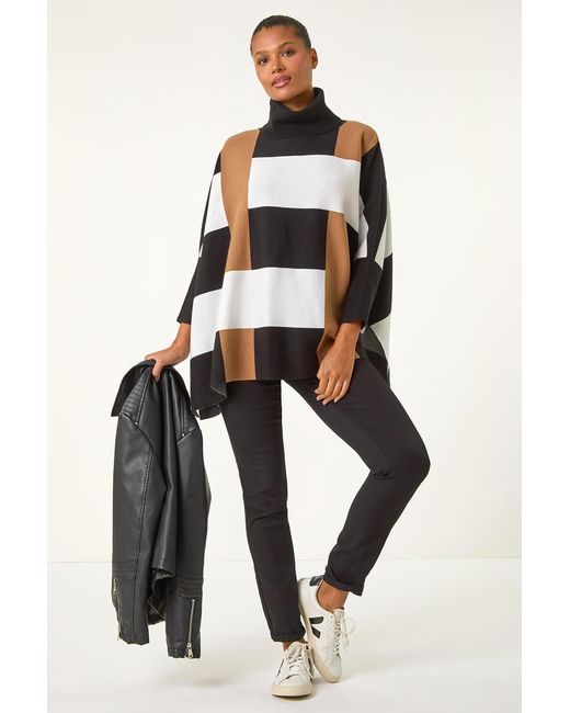 Roman White Striped Knit Longline Poncho
