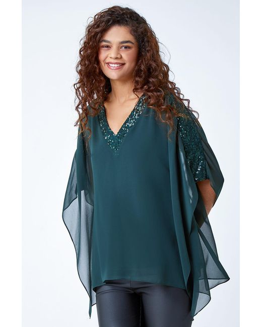 Roman Blue Sequin Trim Chiffon Overlay Tunic Stretch Top