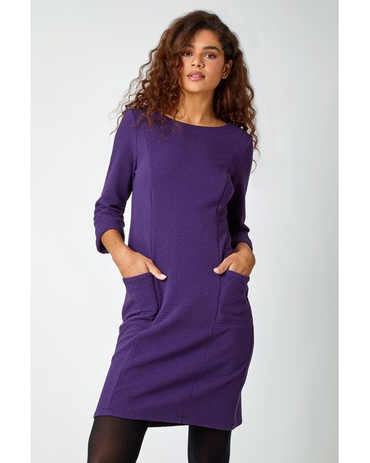 Roman Purple Textured Cotton Blend Shift Stretch Dress