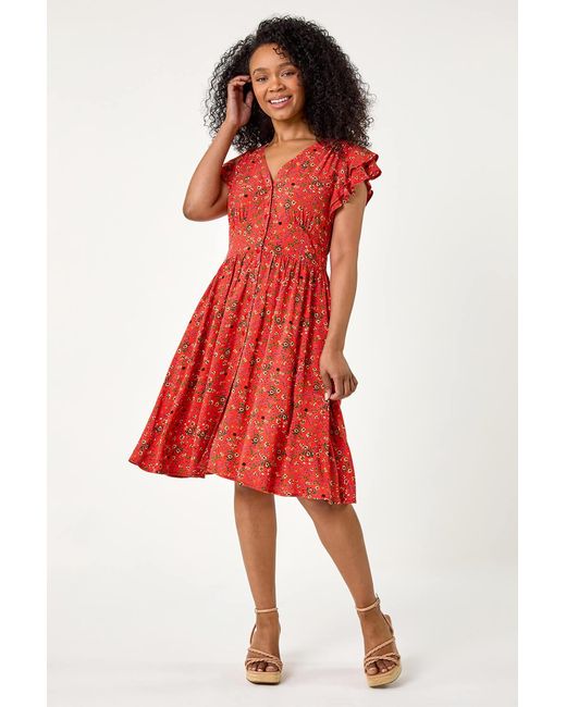 Roman Petite Red Ditsy Floral Frill Pocket Dress