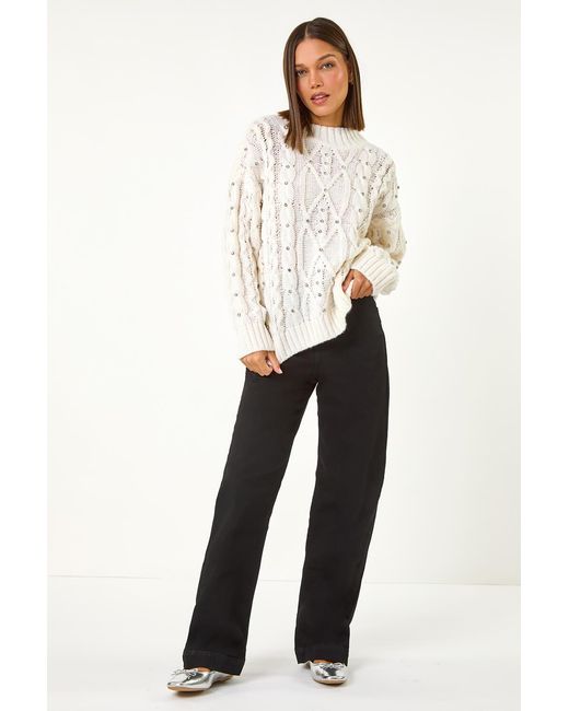 Roman White Diamante Cable Knit Jumper