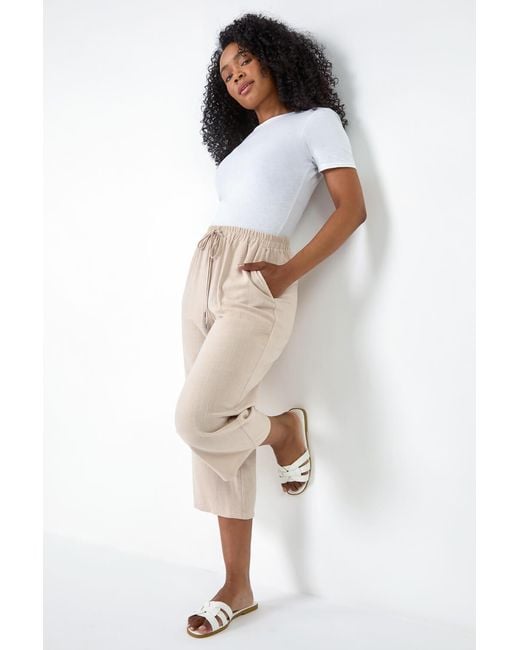Roman Petite Natural Linen Mix Wide Cropped Trousers