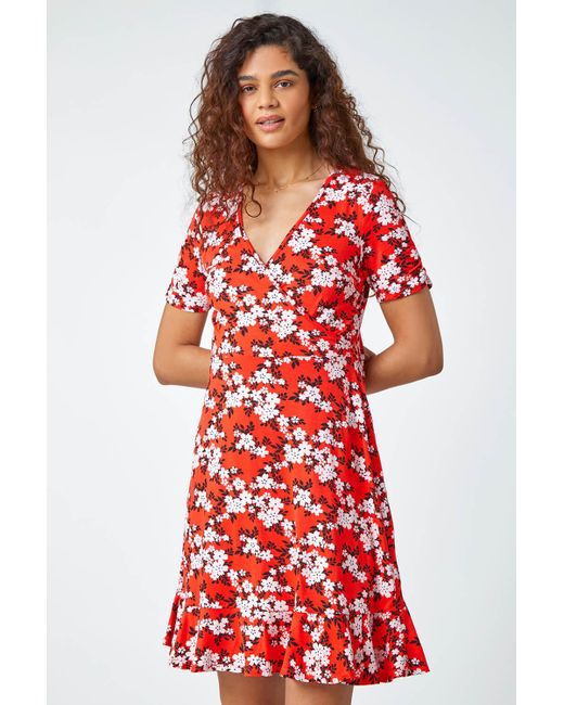 Roman Red Floral Print Wrap Stretch Dress