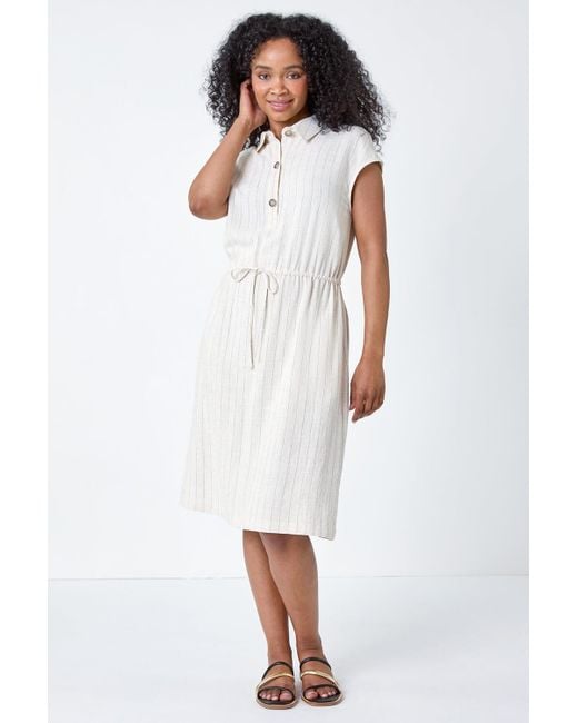 Roman White Petite Stripe Linen Shirt Dress