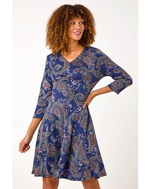 Roman Blue Paisley Print Panel Dress