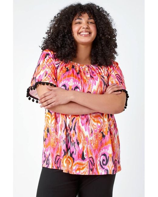 Roman Curve Red Paisley Print Bardot Top