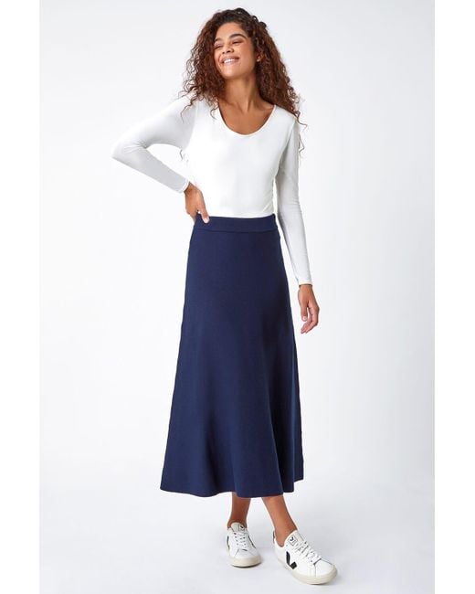 Roman Blue Plain Elastic Waist Knitted A Line Midi Skirt