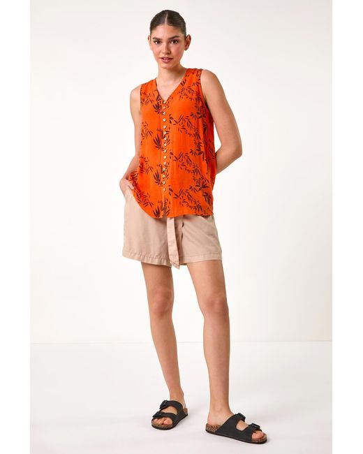Roman Red Leaf Print Button Detail Vest Top