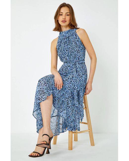 Roman Blue Animal Print Halter Neck Midi Dress
