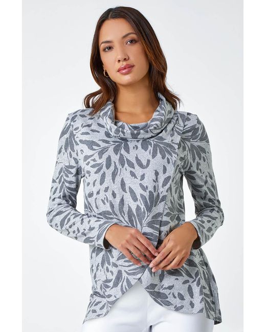 Roman Gray Floral Print Cowl Neck Stretch Top