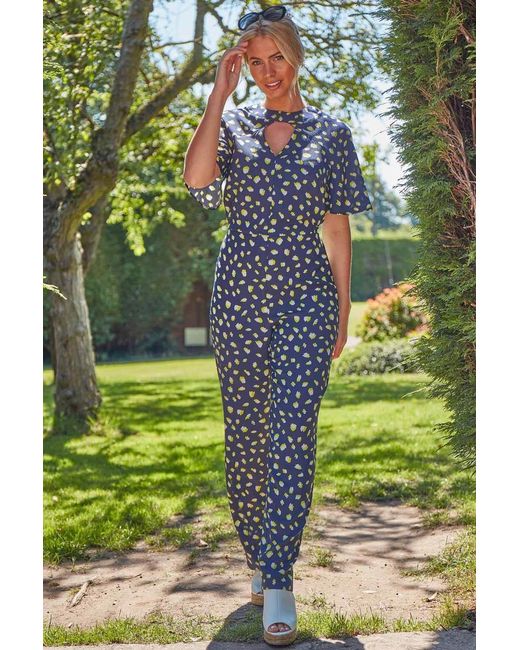 Roman Blue Spot Print Keyhole Jumpsuit