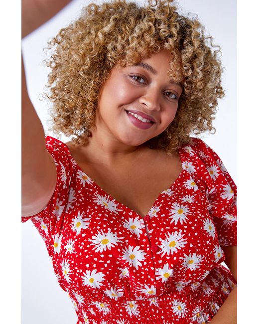 Roman Curve Red Floral Print Midi Dress