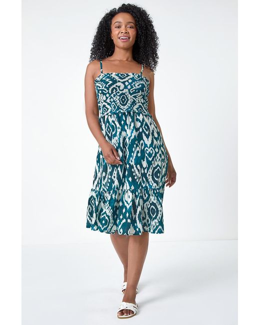 Roman Petite Blue Aztec Strappy Shirred Dress