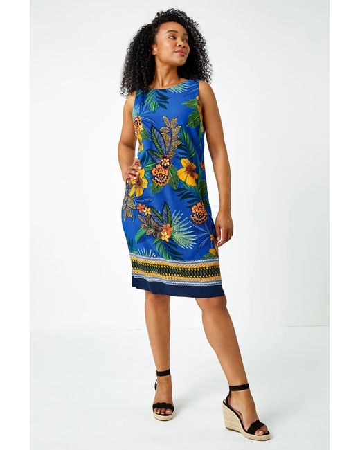 Roman Petite Blue Floral Border Print Shift Dress