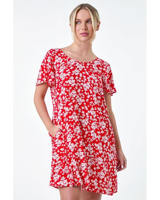 Roman Petite Red Ditsy Floral T-Shirt Dress