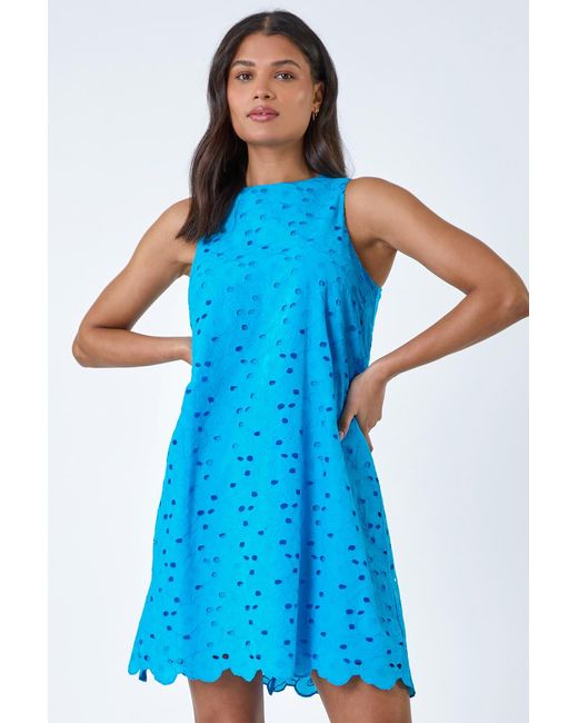 Roman Blue Cotton Embroidery Detail Shift Dress