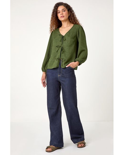 Roman Green Tie Front Woven Top