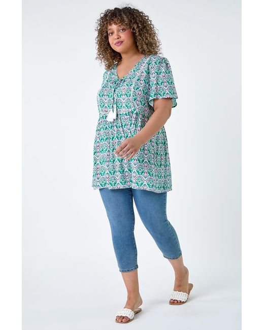 Roman Curve Blue Tie Front V-Neck Boho Printed Top